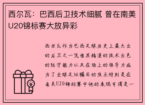 西尔瓦：巴西后卫技术细腻 曾在南美U20锦标赛大放异彩